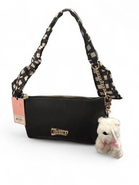 Juicy Couture Black Shoulder Bag with Checkered Strap and Plush Charm